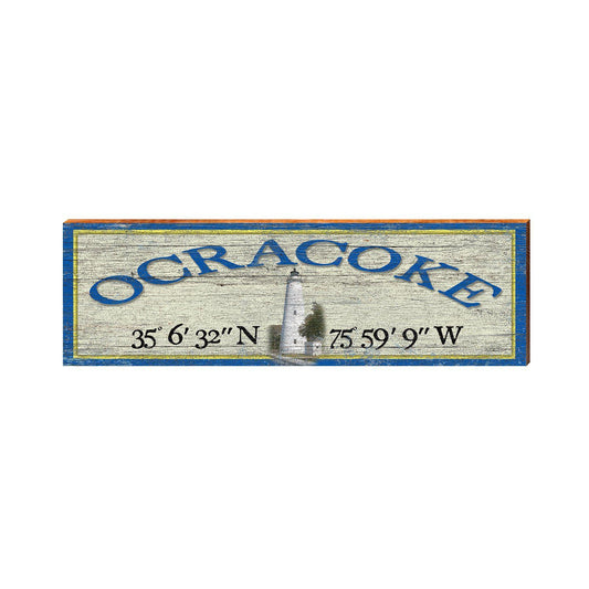 Ocracoke Lighthouse Blue/Yellow Latitude Longitude | Wall Art Print on Real Wood