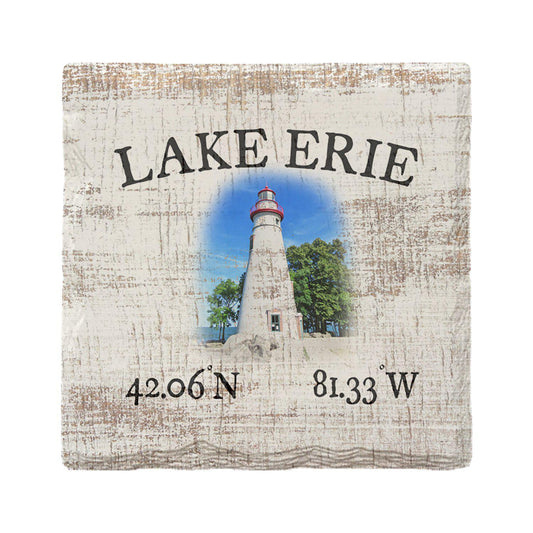 Lake Erie Lighthouse White Minimal Latitude Longitude Drink Coaster