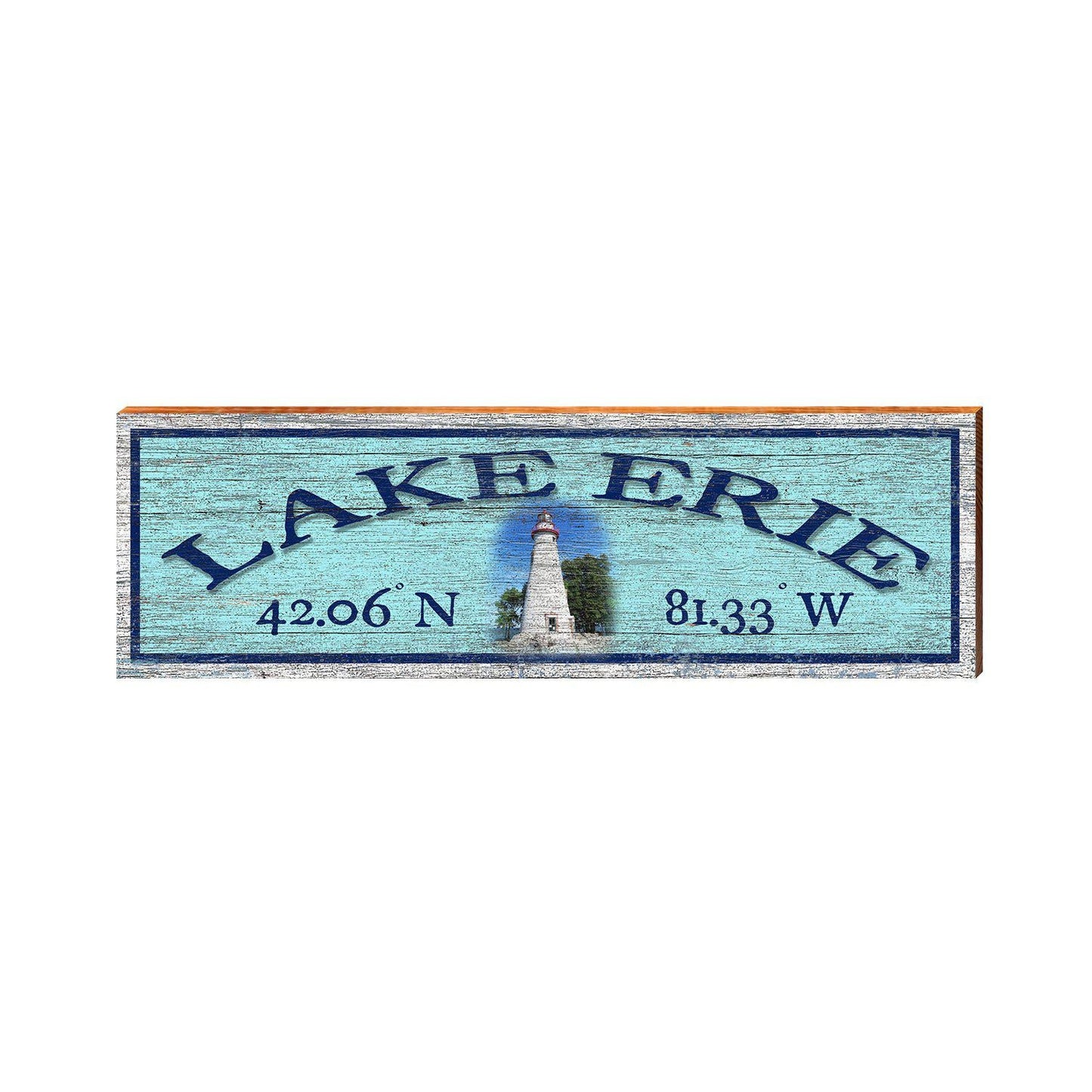 Lake Erie Lighthouse Blue Latitude Longitude | Wall Art Print on Real Wood