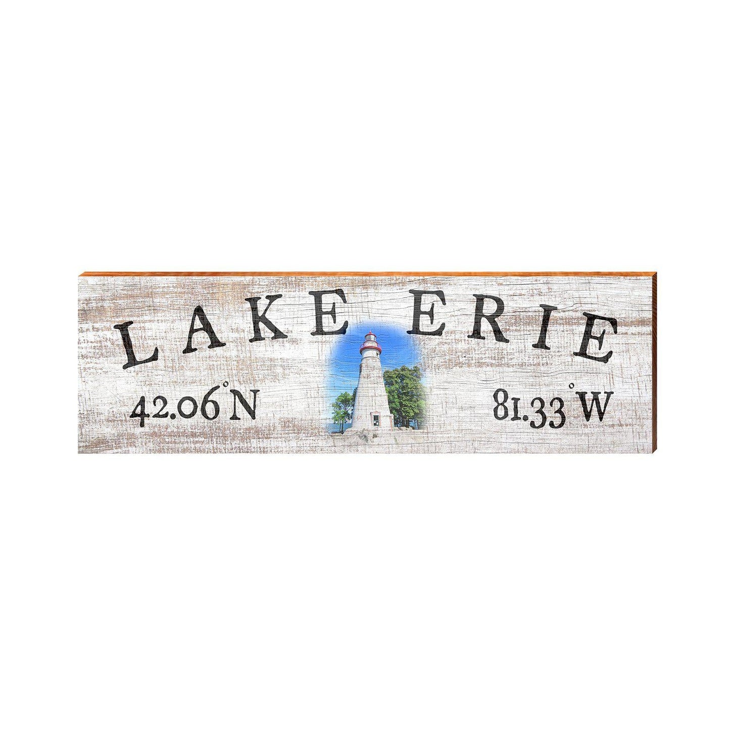 Lake Erie Lighthouse White Minimal Latitude Longitude | Wall Art Print on Real Wood