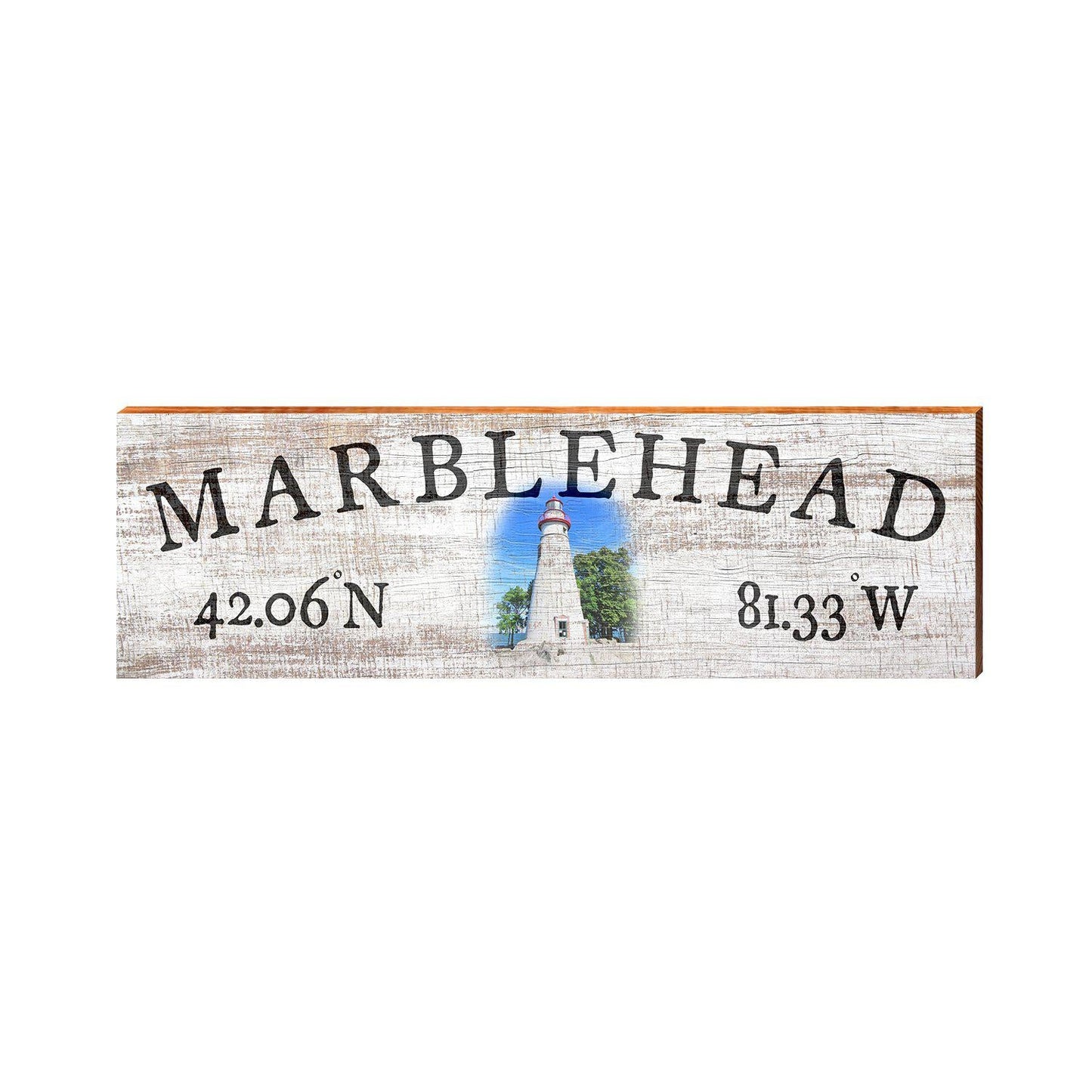 Marblehead Lighthouse White Latitude Longitude | Wall Art Print on Real Wood