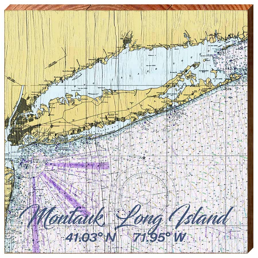 Montauk, Long Island, New York Navigational Styled Chart Wall Art | Wall Art Print on Real Wood