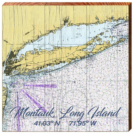 Montauk, Long Island, New York Navigational Styled Chart Wall Art | Wall Art Print on Real Wood