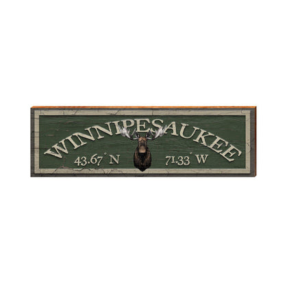 Winnipesaukee Moose Head Green Latitude Longitude | Wall Art Print on Real Wood