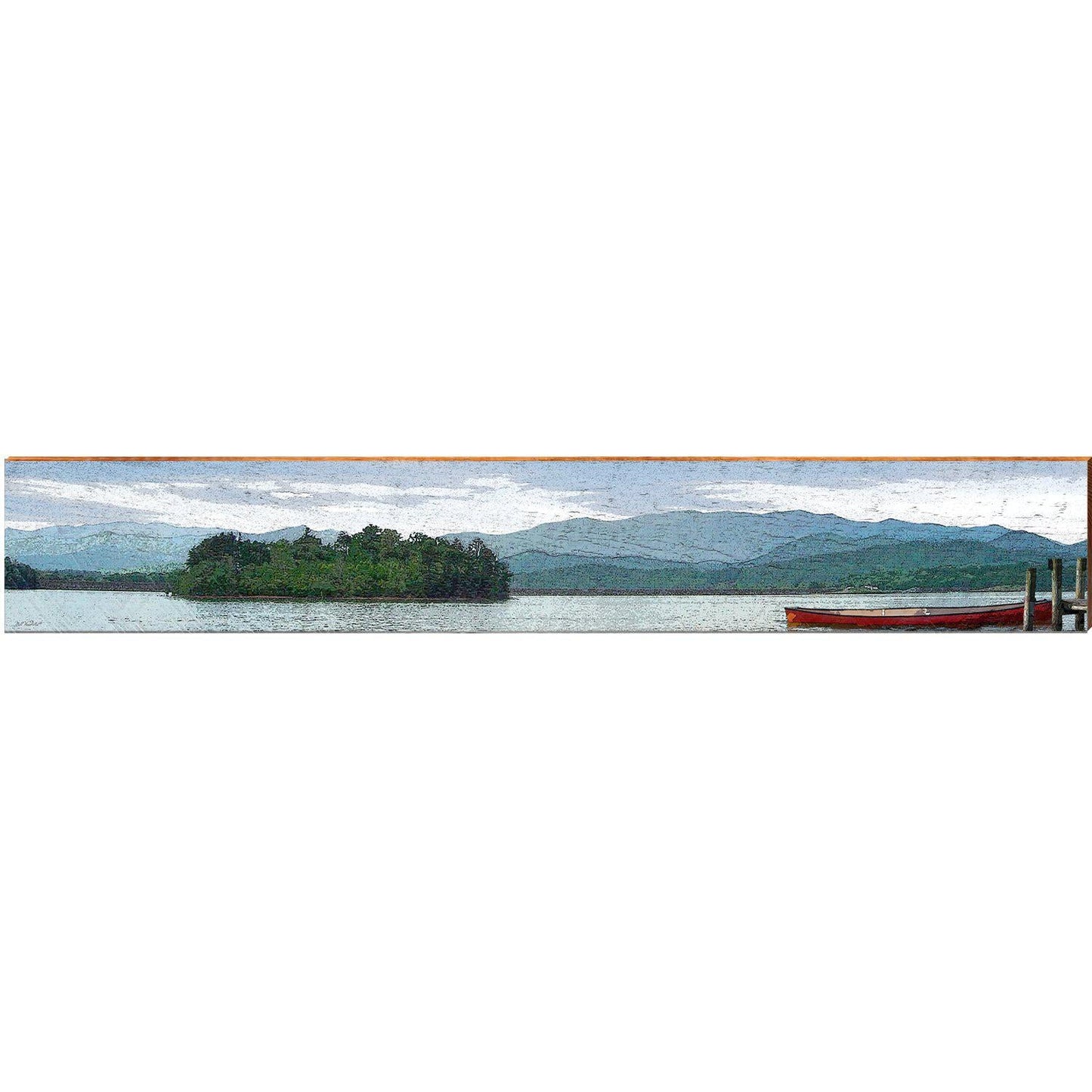 Red Canoe on Lake with Mountains Wood Wall Art Print