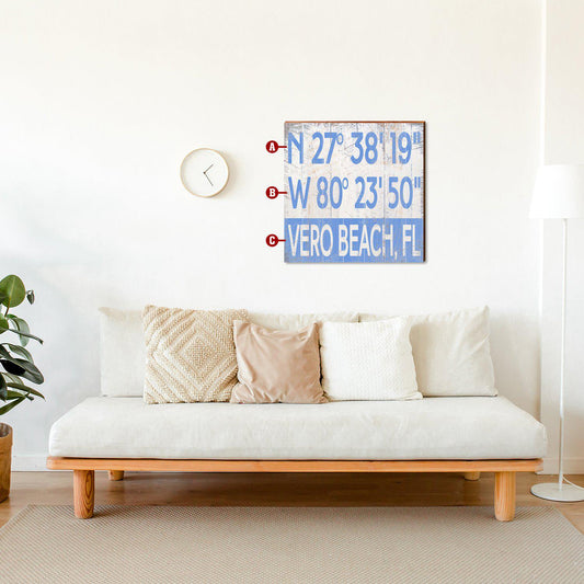 Customizable Blue Latitude Longitude Sign | Wall Art Print on Real Wood