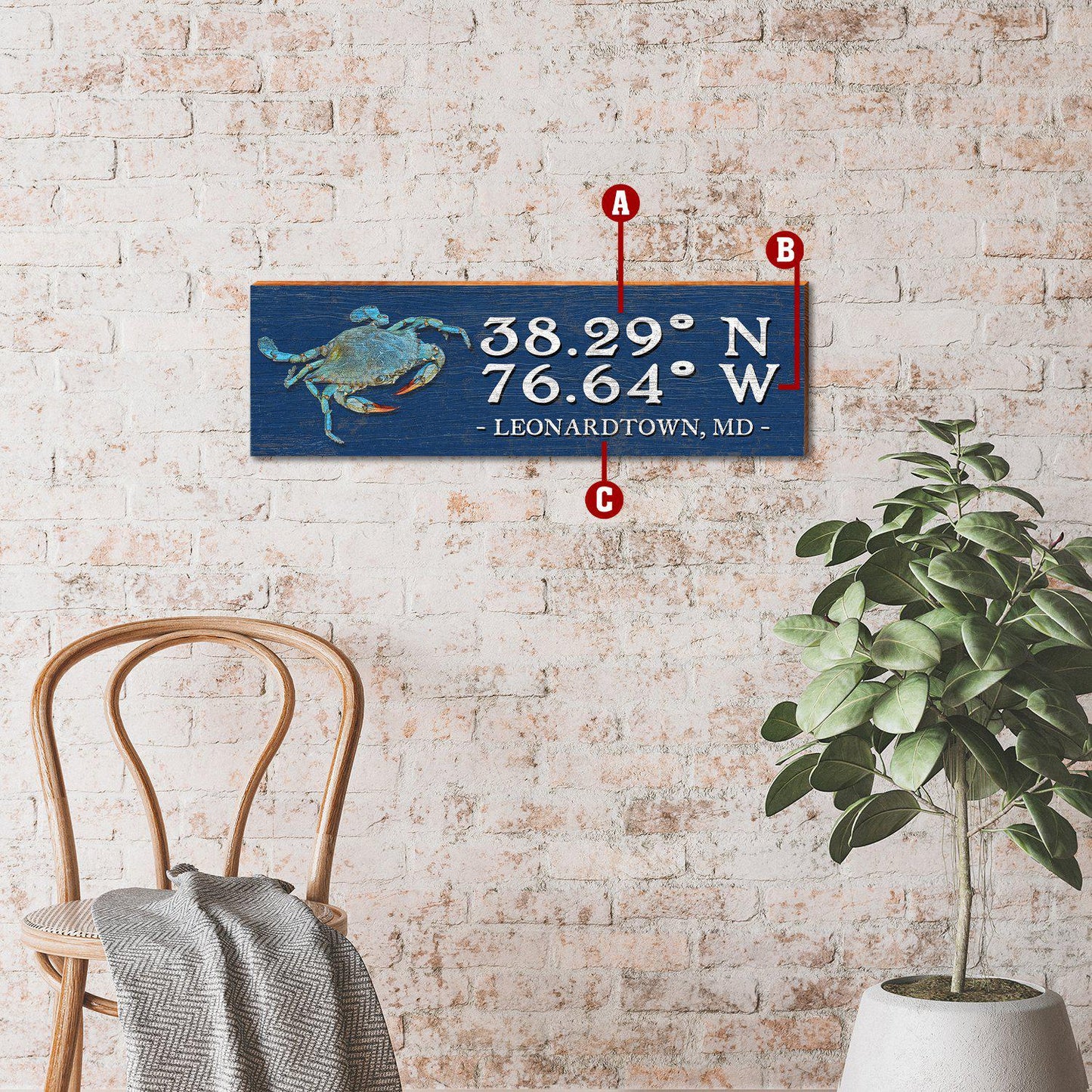 Customizable Blue Crab Navy Latitude Longitude Sign | Wall Art Print on Real Wood