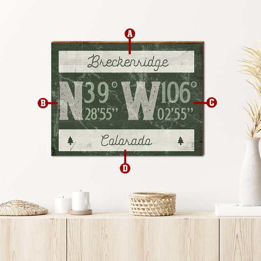 Customizable Lodge Green Coordinates Sign | Wall Art Print on Real Wood | Portrait Size