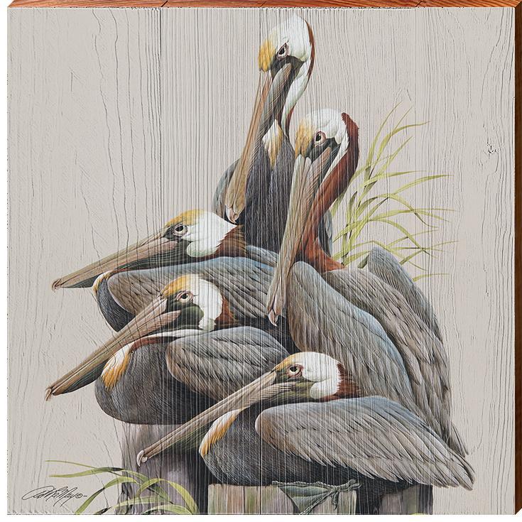 Art Lamay | Pelicans on Pylons Square | Wall Art Print on Real Wood