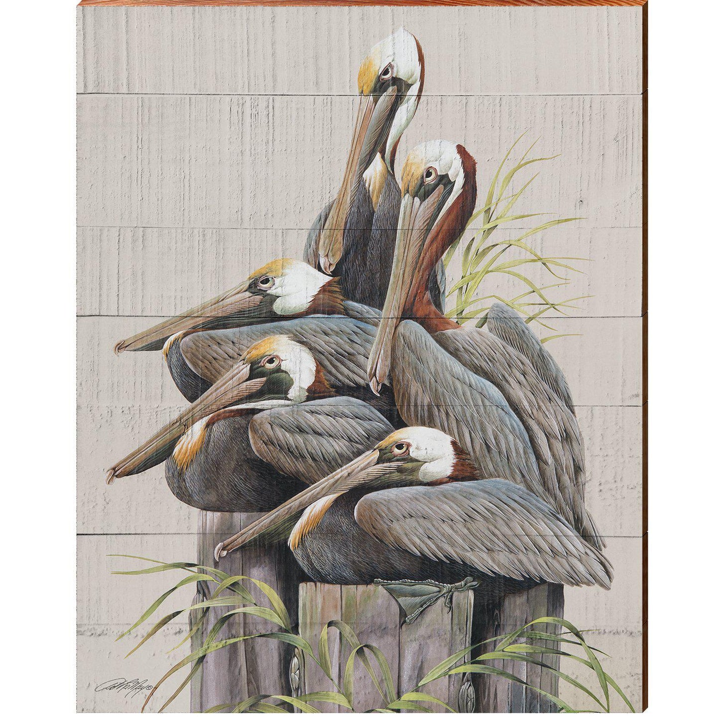 Art Lamay | Pelicans on Pylons Portrait | Wall Art Print on Real Wood