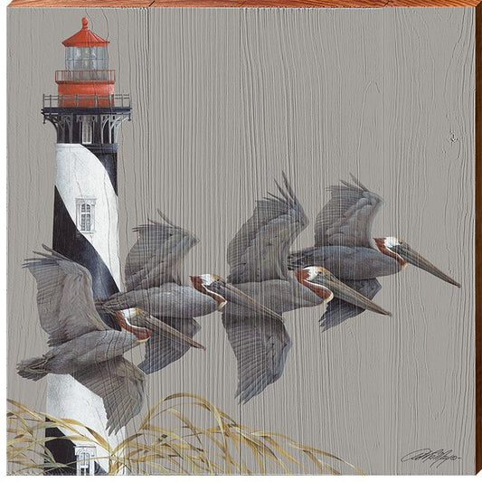 Art Lamay | Pelicans in Flight | Wall Art Print on Real Wood