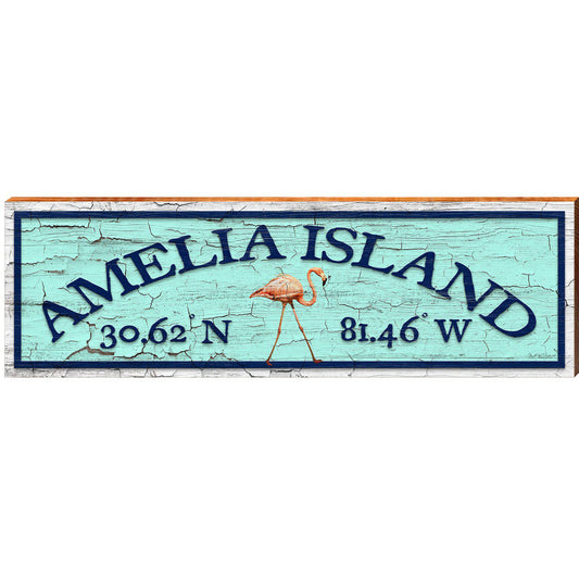 Amelia Island Flaming Green Shabby Latitude Longitude | Wall Art Print on Real Wood