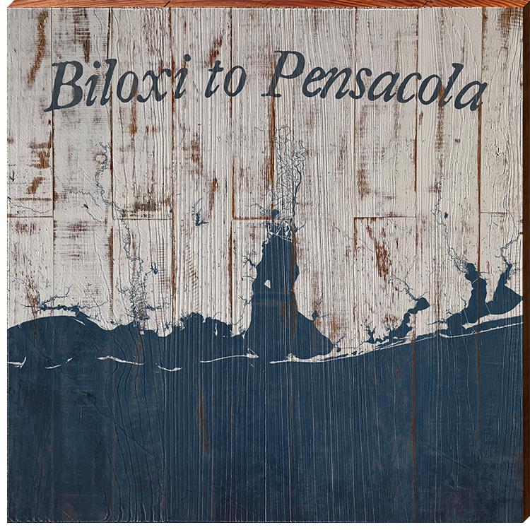 Buloxi to Pensacola Navy & White Shabby Map Wall Art | Wall Art Print on Real Wood