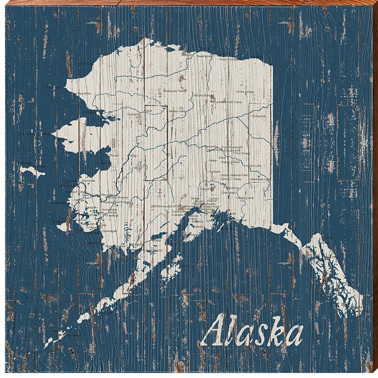 Alaska State Navy & White Shabby Map Wall Art | Wall Art Print on Real Wood