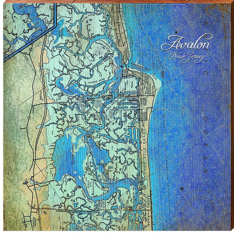 Avalon, New Jersey Map Home Decor Art Print on Real Wood (18"x18" Wall Art-Mill Wood Art