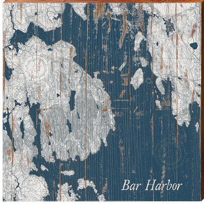 Bar Harbor, Maine Navy & White Shabby Map | Wall Art Print on Real Wood