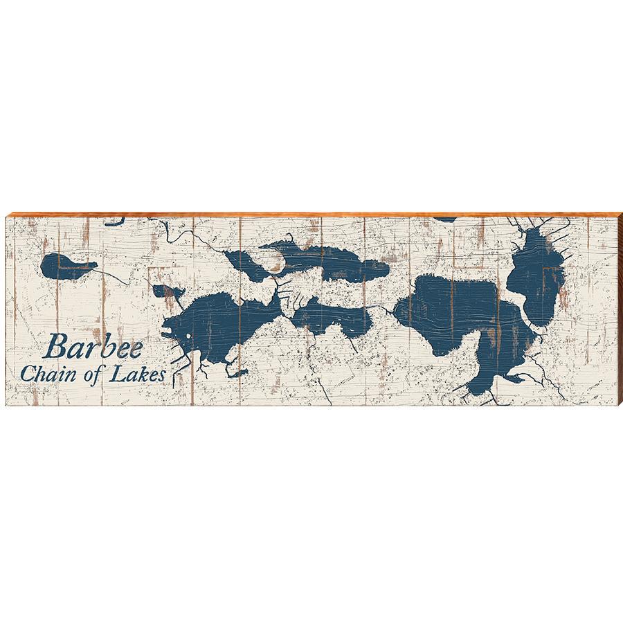 Barbee Chain of Lakes, Indiana Navy & White Shabby Styled Map Wall Art | Wall Art Print on Real Wood