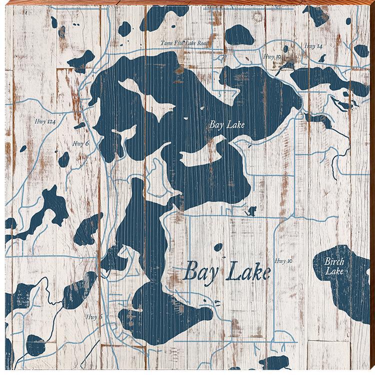 Bay Lake Shabby Map Home Decor Art Print on Real Wood (18"x18" Wall Art-Mill Wood Art