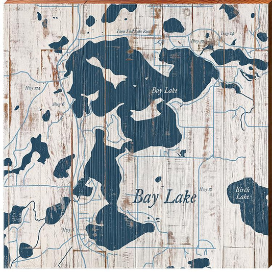 Bay Lake Shabby Map Home Decor Art Print on Real Wood (18"x18" Wall Art-Mill Wood Art