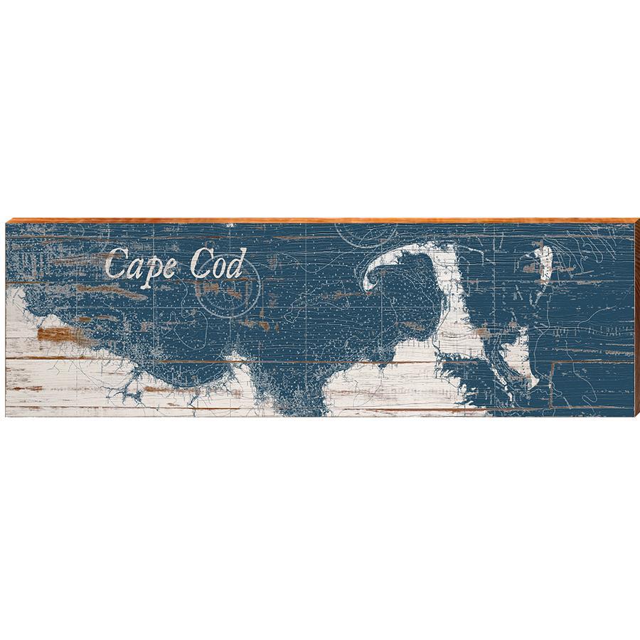 Cape Cod, Massachusetts Navy & White Shabby Styled Map Wall Art | Wall Art Print on Real Wood