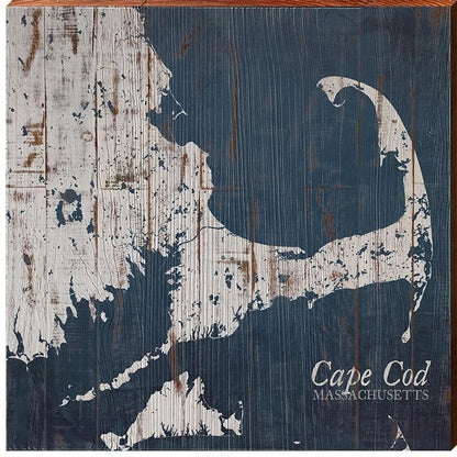 Cape Cod, Massachusetts Navy & White Shabby Styled Map Wall Art | Wall Art Print on Real Wood