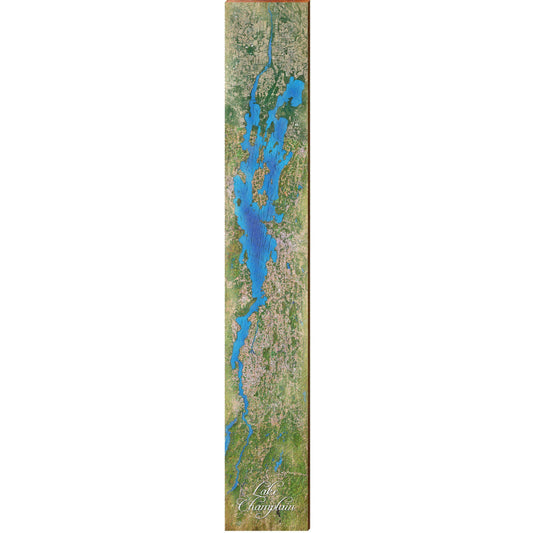 Lake Champlain, Vermont, New York Satellite Map Wall Art | Wall Art Print on Real Wood