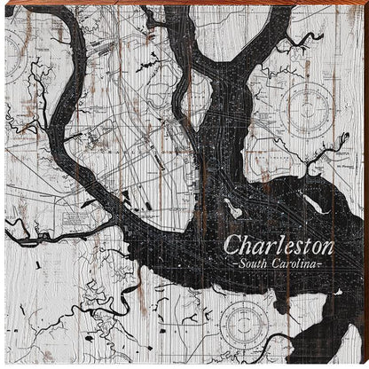 Charleston, South Carolina Black & White Shabby Map | Wall Art Print on Real Wood