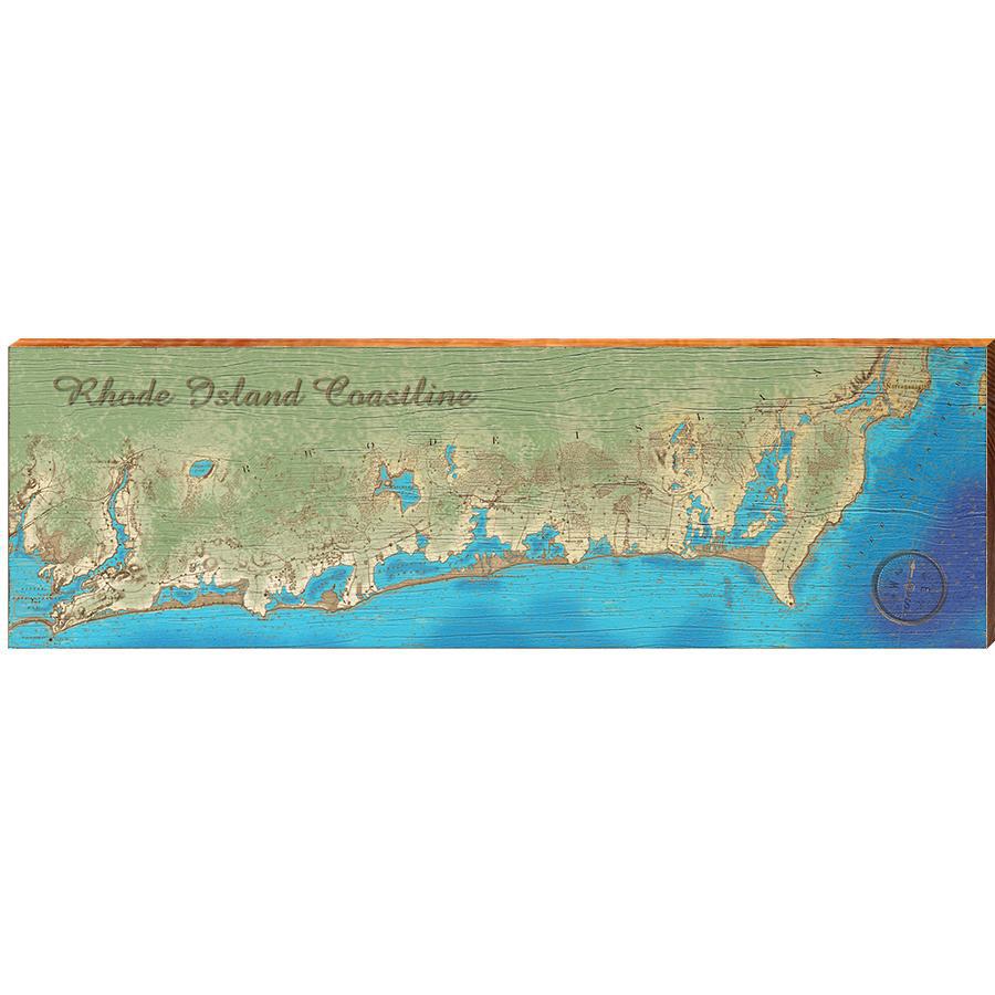 Rhode Island Coastline Map Home Decor Art Print on Real Wood