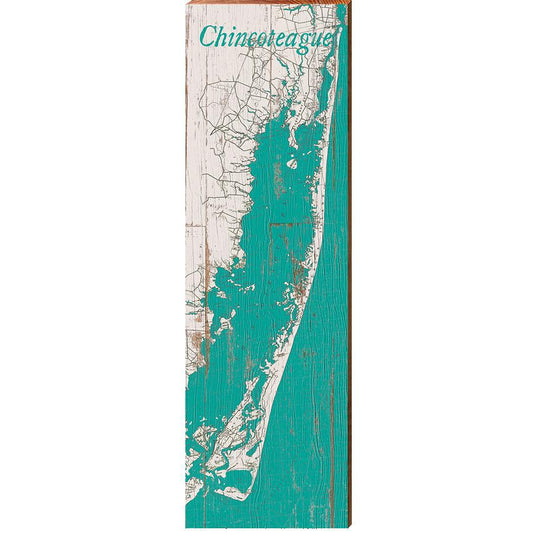 Chincoteague, Virginia Teal & White Shabby Map Wall Art Wall Art | Wall Art Print on Real Wood