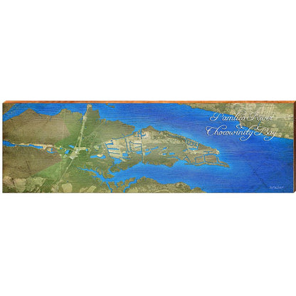 Pamilco River to Chocowinity Bay Map Home Decor Art Print on Real Wood