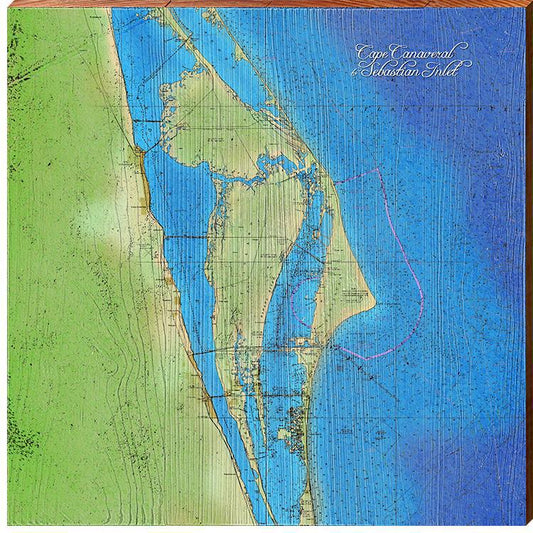 Cape Canaveral to Sebastian Inlet, Florida Topographical Styled Map Wall Art | Wall Art Print on Real Wood