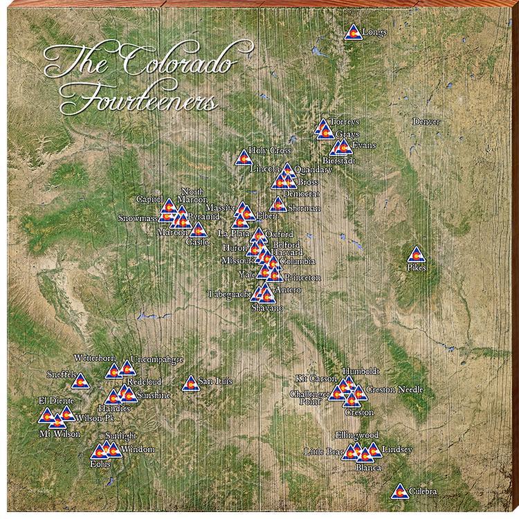 The Colorado Fourteeners Labeled Map Wooden Sign | Wall Art Print on Real Wood