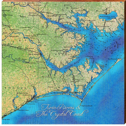 Twin Rivers and The Crystal Coast Map Home Decor Art Print on Real Wood