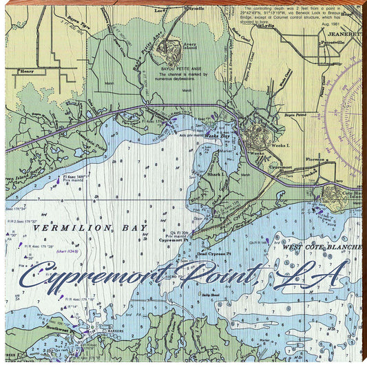 Cypremort Point, Louisiana Nautical Map Wall Art | Wall Art Print on Real Wood