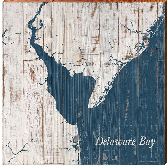 Delaware Bay Navy & White Shabby Styled Map Wall Art | Wall Art Print on Real Wood