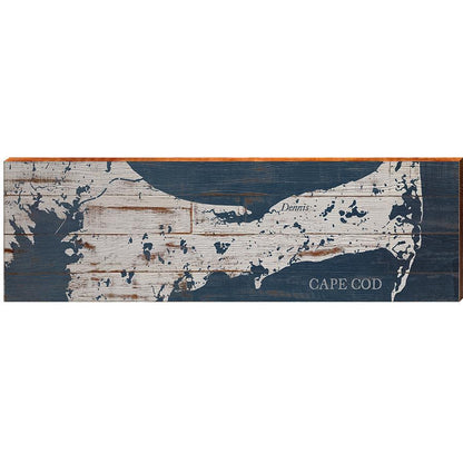 Cape Cod & Dennis, Massachusetts Navy & White Shabby Styled Map Wall Art | Wall Art Print on Real Wood