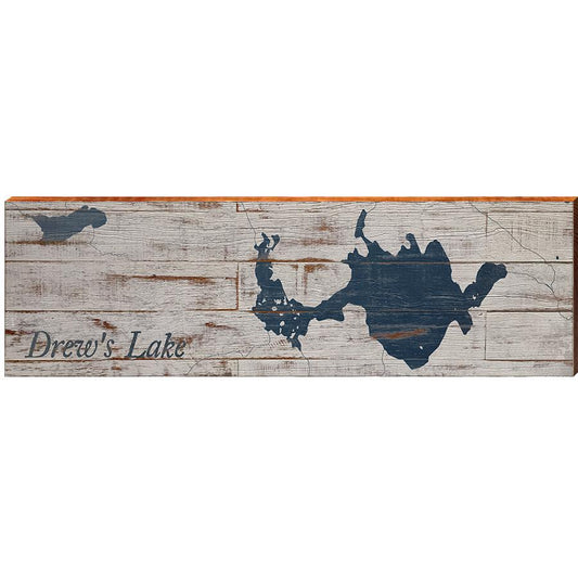 Drew's Lake, Maine Navy & White Shabby Styled Map Wall Art | Wall Art Print on Real Wood