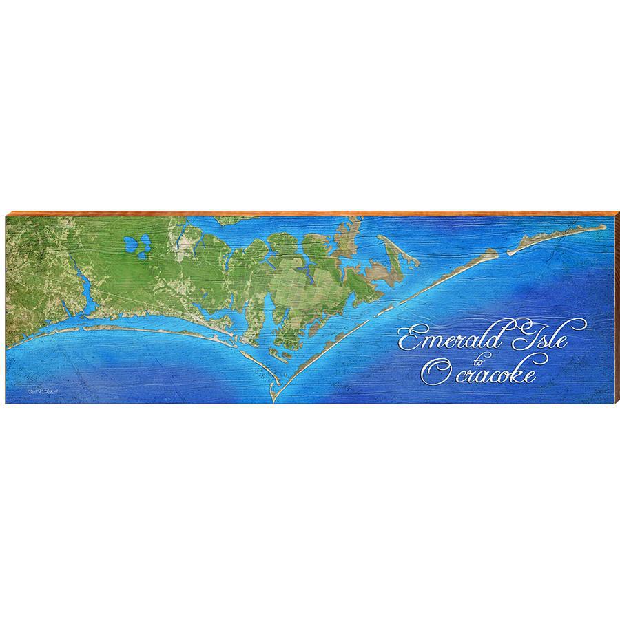 Emerald Isle to Ocracoke Map Home Decor Art Print on Real Wood