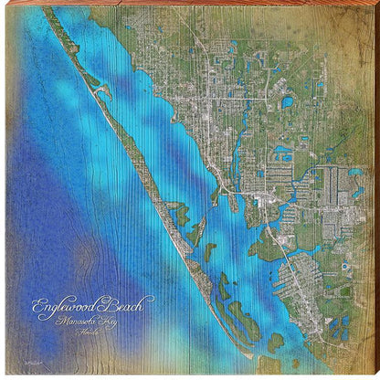 Englewood Beach & Manasota Key, Florida Map Wooden Sign | Wall Art Print on Real Wood