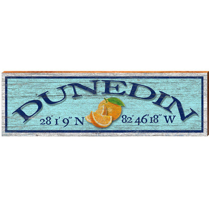 Dunedin, Florida Wooden Sign | Wall Art Print on Real Wood | Oranges Blue Latitude Longitude Home Decor Gift