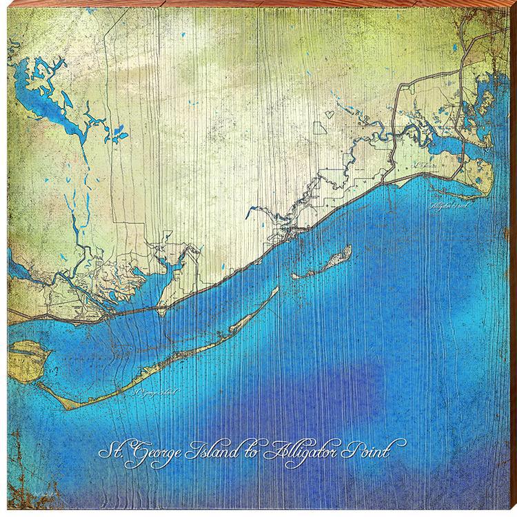 St. George Island to Alligator Point, Florida Map Wooden Sign | Wall Art Print on Real Wood