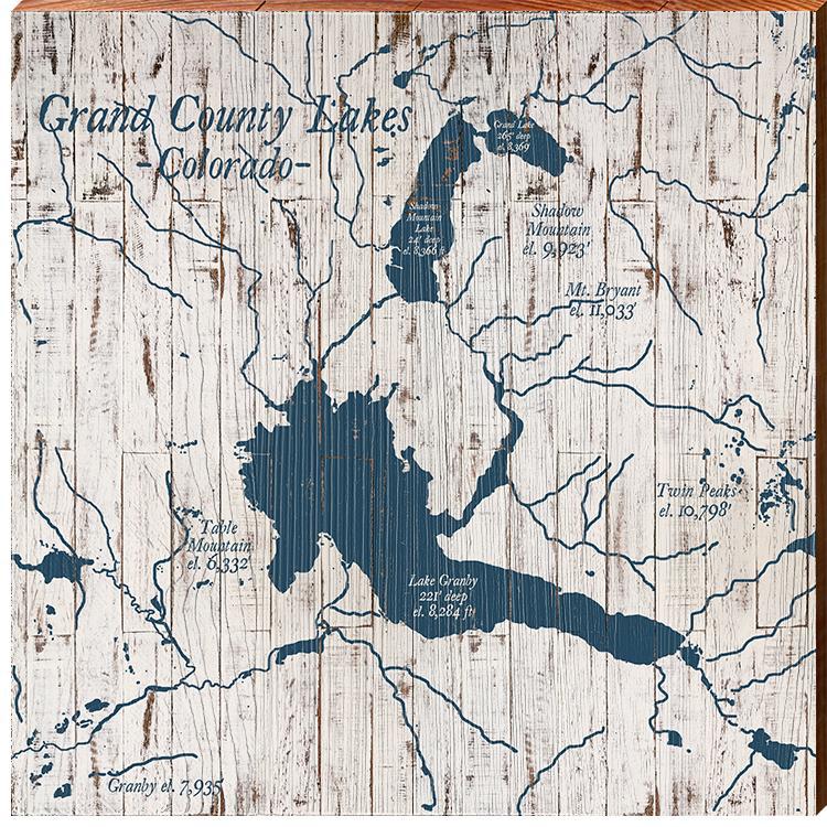 Grand County, Colorado Lakes Navy & White Shabby Styled Map Wall Art | Wall Art Print on Real Wood