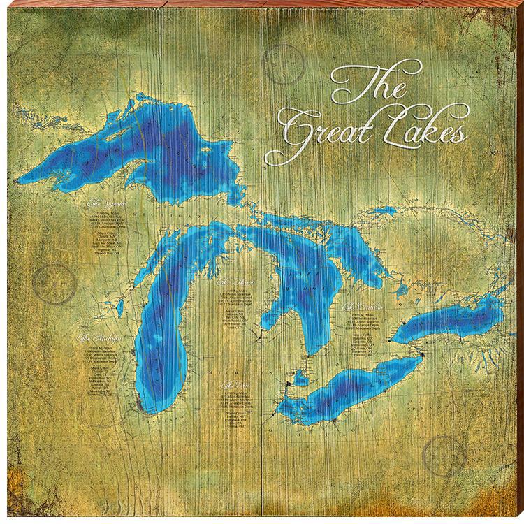 The Great Lakes Topographical Styled Chart | Wall Art Print on Real Wood