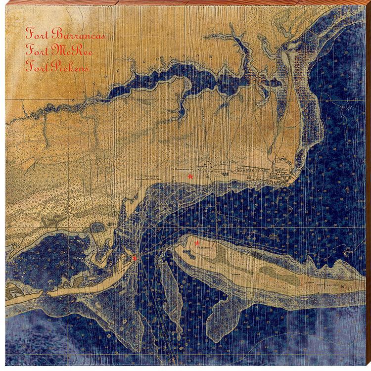 Fort Barrancas, Fort McRee, & Fort Pickens, Florida Antique Styled Map Wall Art | Wall Art Print on Real Wood