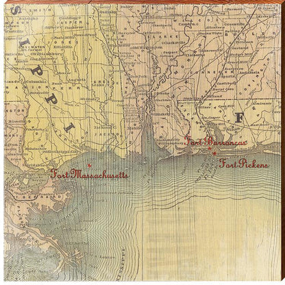 Fort Barrancas, Fort McRee, & Fort Pickens, Florida Topographical Styled Map Wall Art | Wall Art Print on Real Wood