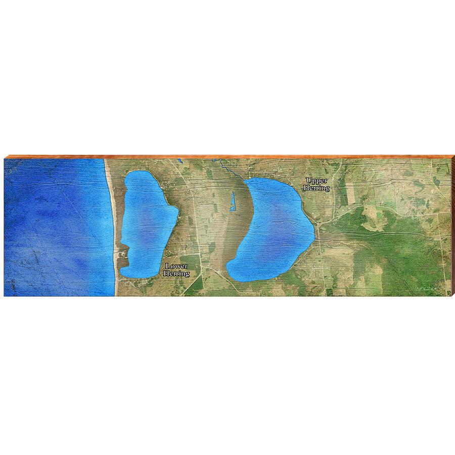 Upper & Low Herring Lake, Michigan Satellite Styled Map Wall Art | Wall Art Print on Real Wood