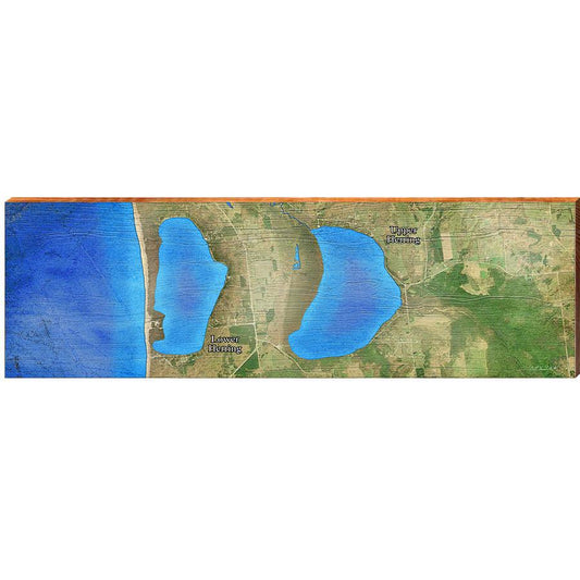 Upper & Low Herring Lake, Michigan Satellite Styled Map Wall Art | Wall Art Print on Real Wood