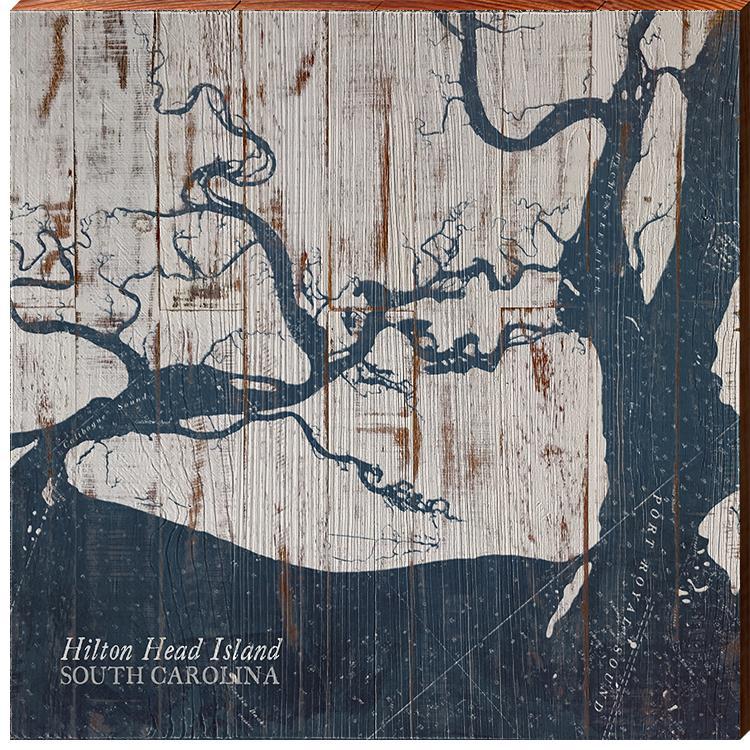 Hilton Head Island, South Carolina Navy & White Shabby Map Wall Art | Wall Art Print on Real Wood