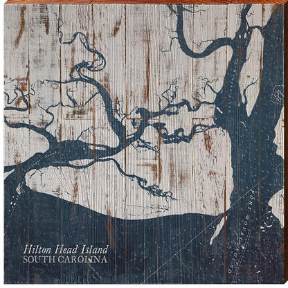 Hilton Head Island, South Carolina Navy & White Shabby Map Wall Art | Wall Art Print on Real Wood