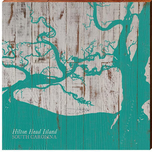 Hilton Head Island, South Carolina Teal & White Map Wall Art | Wall Art Print on Real Wood